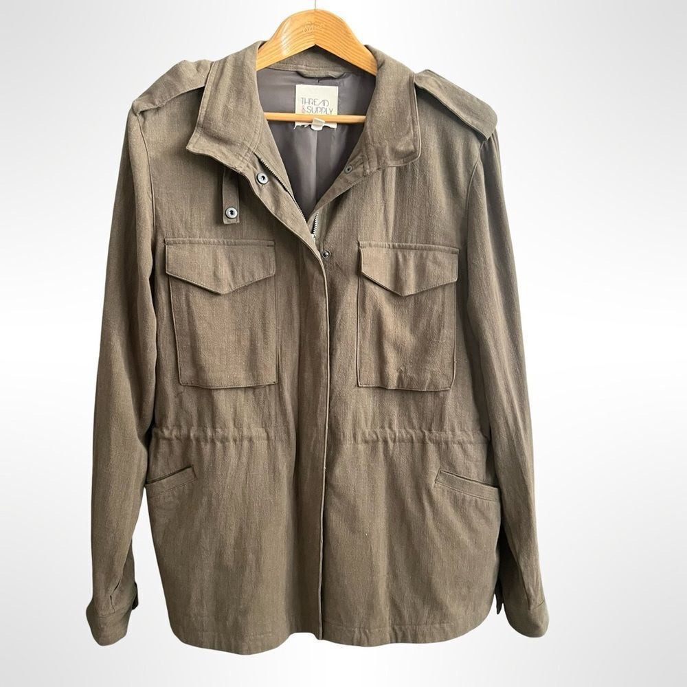 Threads & Supply Utility Jacket Olive Green Cinched Waist Cargo Style Large